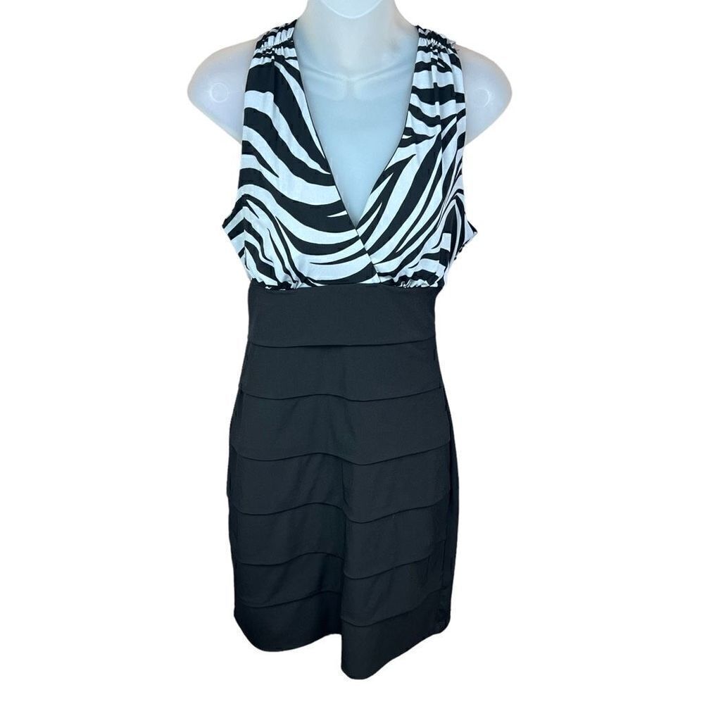 Sweet Storm Halter Dress V Neck Black Grey Zebra Layered Zipper Racer Back Large